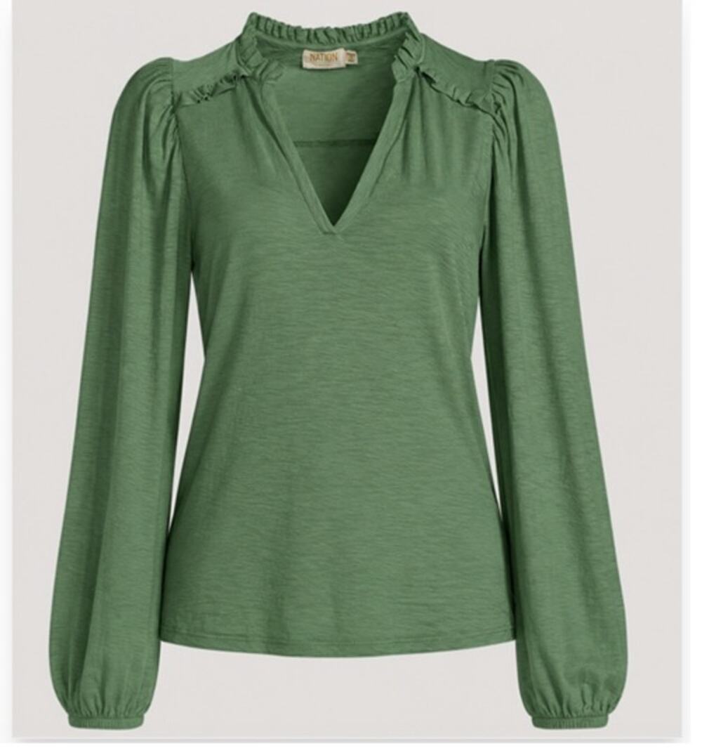 Nation LTD Claudine Yoked Long Sleeve Top Womens Small Sage Green Ruffled V Neck